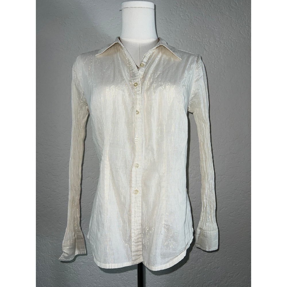 Style & Co Metallic Shimmer Button Up Blouse Cream Gold Pleated Crinkle Shirt